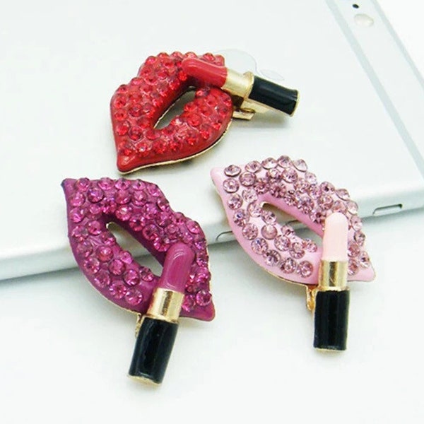 2pc- 1" Pink/Purple/Red Cubic Zirconia Lipstick Lips Charms Gold Metal Flatback Cell Phone Case & Jewelry Rhinestone Craft Embellishments