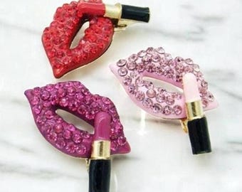 2 Cubic Zirconia Lip Charms Sparkly Rhinestone Lips & Lipstick Connectors Gold Feminine Glam Jewelry Making Supplies Flatback Embellishments