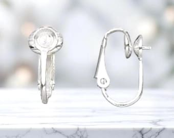 10- Silver Plated Hinged Clip On Earring 16mm Cup & Peg Setting Comfortable Steel Non-Pierced Ear Clips Fits 5-7mm Beads