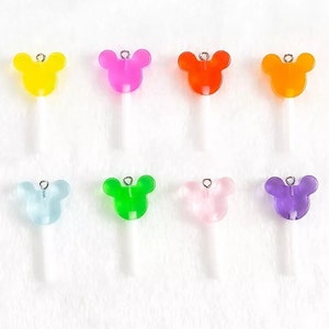 8pc- 38mm 3D Mouse Lollipop Flatback Resin Candy Charms Colorful Novelty Transparent Sucker Pendant Candies w/ Silver Top Loop