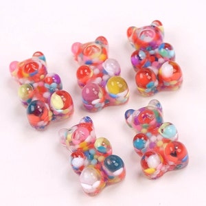 20pc- 20mm 3D Gummy Bear Flatback Resin Candy Charms Colorful Novelty Transparent Bears Gummies w/ Multicolored Sprinkle Confetti & Loop