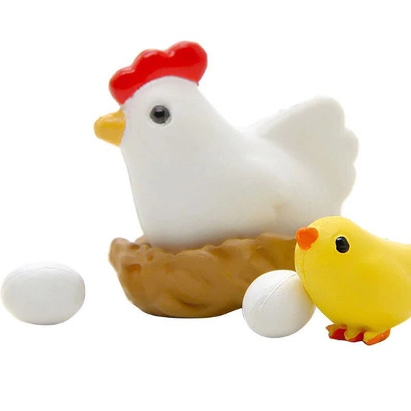 10pc- Miniature 3D Chicken Family Embellishments Tiny Novelty Hen, Baby Chicks & Eggs w/ Birds Nests For Fairy Gardens / Decorations