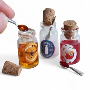 3pc- Mini Milk, Honey & Jam Jelly Glass Bottle Jars W/ Spoons And Cork Tops Small Scale Miniatures For General Store, Dollhouse Or Crafts
