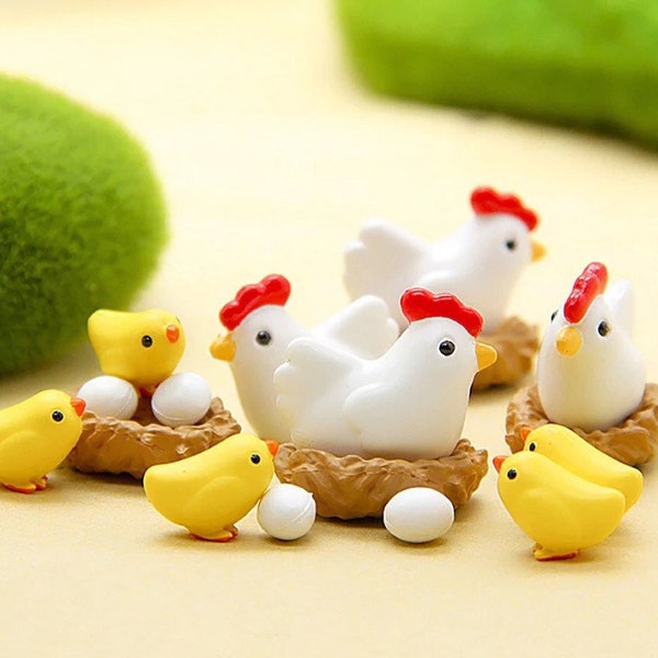 12pc- Miniature 3D Chicken Family Embellishments Tiny Novelty Hen, Baby Chicks & Eggs w/ Birds Nests For Fairy Gardens / Decorations