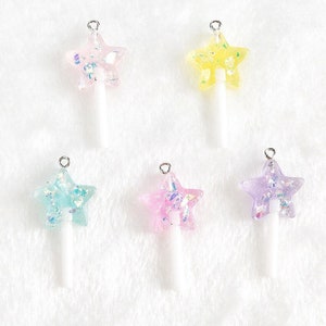 8pc- 40mm 3D Sparkly Star Lollipop Flatback Resin Candy Charms Novelty Transparent Sucker Pendant Pastel Candies w/ Silver Confetti Glitter