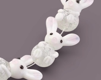 5pc Lampwork Glass Bunny Beads Round Bumpy White & Clear Rabbit Embellishments Cute Drilled Spring Animal Craft Beads For DIY Easter Jewelry