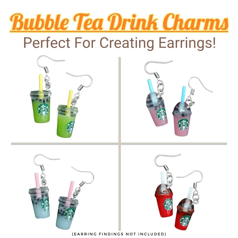 Pu&ograve; includere: Ciondoli per bevande al t&egrave; alle bolle in verde, rosa, blu e rosso, con ganci per orecchini argentati. Ogni ciondolo presenta una tazza di t&egrave; alle bolle in miniatura con una cannuccia. Il testo "Bubble Tea Drink Charms" e "Perfect For Creating Earrings!" &egrave; visualizzato.