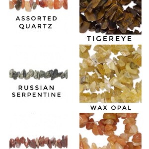 May include: A collection of gemstones, including assorted quartz, tiger eye, Russian serpentine, wax opal, red jasper, and red aventurine. Each stone is displayed in a close-up shot, showcasing their unique colors and textures. Text labels identify each stone type.