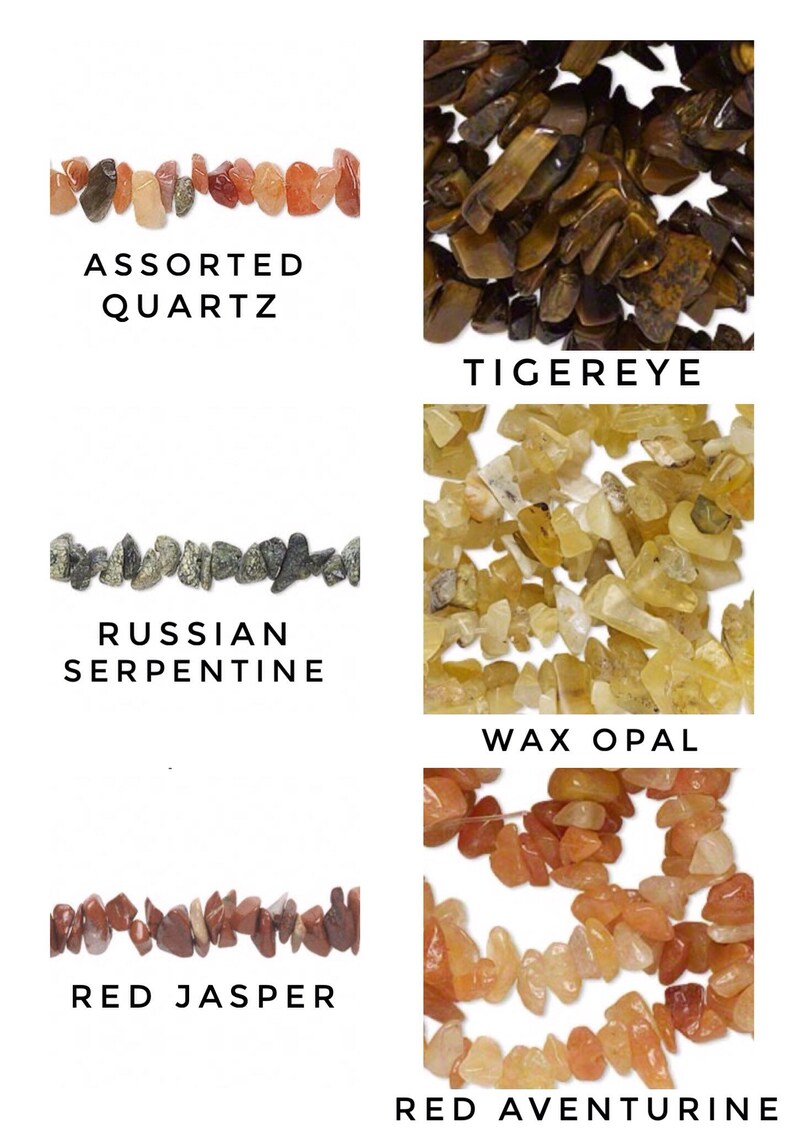 May include: A collection of gemstones, including assorted quartz, tiger eye, Russian serpentine, wax opal, red jasper, and red aventurine. Each stone is displayed in a close-up shot, showcasing their unique colors and textures. Text labels identify each stone type.