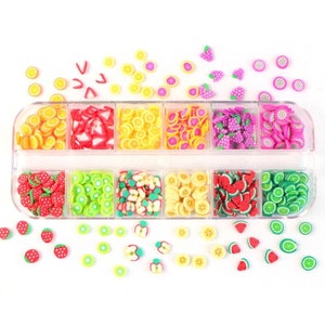 Thin Mixed Sliced Polymer Clay Fruit Slices Assorted Flat Decal Embellishments For DIY Slime, Nail Art Decor Crafts In Plastic Carrying Case