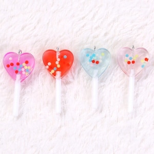8pc- 40mm 3D Heart Lollipop Flatback Resin Candy Charms Colorful Novelty Transparent Confetti Sprinkle Sucker Pendant Candies w/ Silver Loop