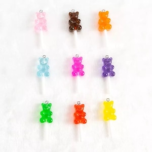 9pc- 3D Assorted Color Gummy Bear Lollipop Charms Miniature Resin Candy Sucker Pendants Novelty Animal Craft Candies Fake Jewelry Gummies