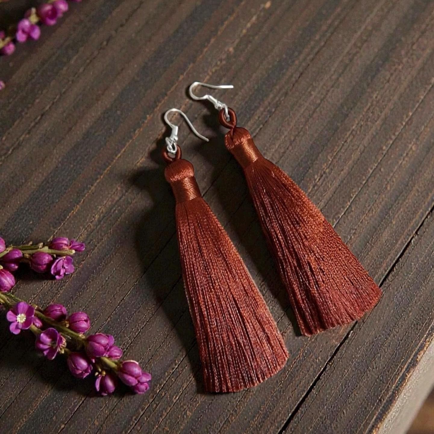 Brown Silk Cotton Tassel Earrings Flowy Copper Threaded Handmade…