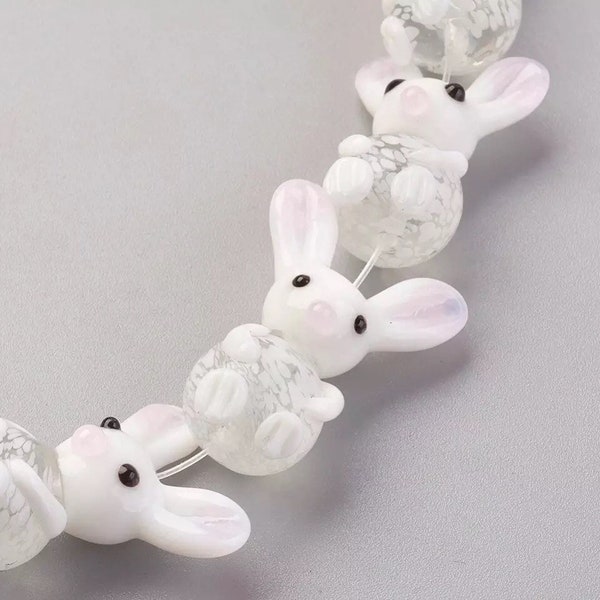 5pc- 25mm Lampwork Glass Bunny Beads Loose Translucent Lampworked White & Clear Novelty Rabbit Round Bumpy Animal Bead For Jewelry Crafts