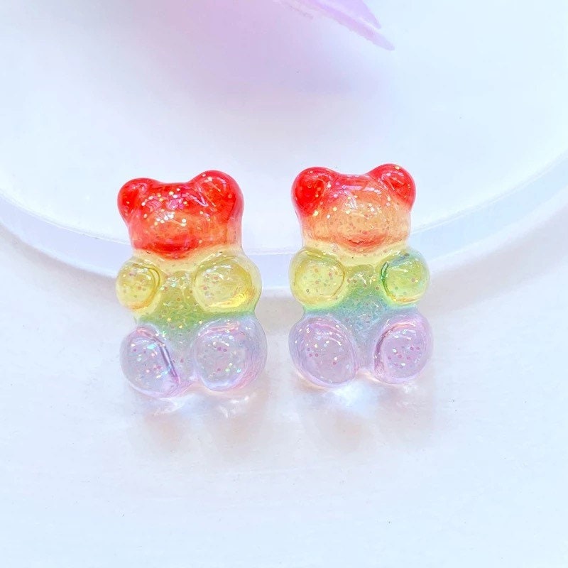 10pc- 3D Sparkly Rainbow Gummy Bears Flatback Resin Candy Cabochons Multicolored Novelty Translucent Gay Pride Gummies For Jewelry & Crafts