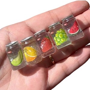 5pc- Miniature Canned Sparkling Water Beverages Small Fruit Flavored Cabochon Drinks Assorted 3D Translucent Resin Bottled Drink Craft Cans