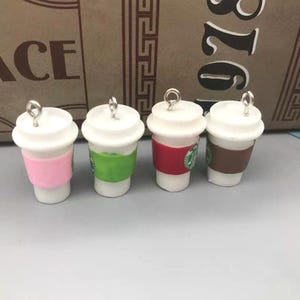 6pc- 7/8&quot; 3D Miniature Resin Coffee Cup Charms/Cabochons Novelty Multi- Colored Sleeve Tumbler Logo Drinks With Or Without Top Silver Loop