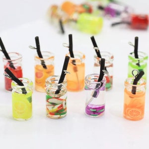 10pc Miniature Clear Glass Juice Jar Charms w/ Tiny Clay Fruit Slices & Straw 0.5ml Wish Bottles Colorful Beverage Jars Pendant Charm Cups