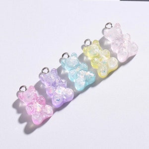 32pc- 20mm 3D Gummy Bear Flatback Resin Candy Charms Colorful Novelty Transparent Pastel Bears Gummies w/ Sparkly Glitter & Metal Loop