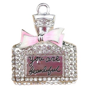 2pc Clear CZ Pink Perfume Bottle Charm Pendants 1.5&quot; Silver Metal Phone Case & Jewelry Design Decorative Rhinestone Flat-Back Embellishments
