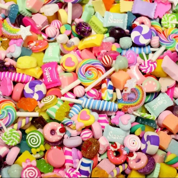 20pc- Mixed Novelty Rainbow Candy Desserts Flatback Resin Cabochons Fun Craft Decorations Embellishments For Scrapbooking & Card Making