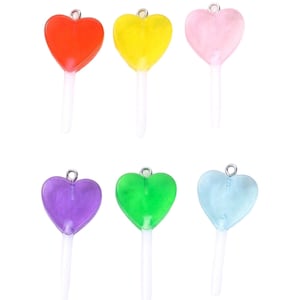 8pc- 40mm 3D Heart Lollipop Flatback Resin Candy Charms Colorful Novelty Transparent Sucker Pendant Candies w/ Silver Top Loop For Jewelry
