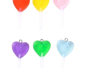 8pc- 40mm 3D Heart Lollipop Flatback Resin Candy Charms Colorful Novelty Transparent Sucker Pendant Candies w/ Silver Top Loop For Jewelry