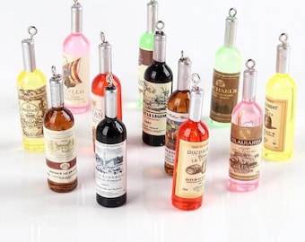 6pc- 2&quot; 3D Wine Bottle Charms Novelty Miniature Alcoholic Drink Pendants Translucent Resin Beverages Liquor Crafting Bottles For DIY Jewelry