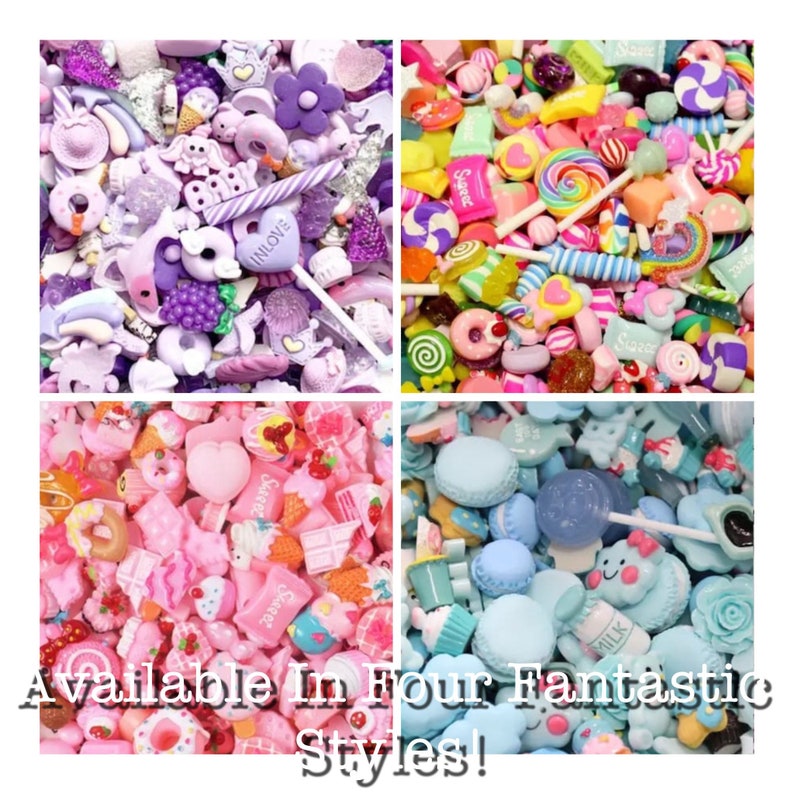 May include: A collage of four squares filled with colorful resin charms. The top left square features purple charms, the top right has candy-themed charms, the bottom left is pink, and the bottom right is blue. Text at the bottom reads "Available In Four Fantastic Styles!"
