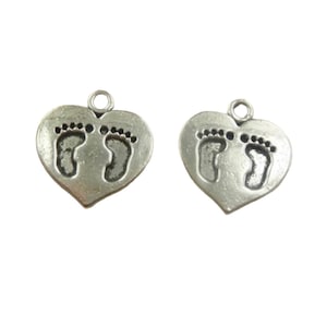 10pc- Heart Shaped Baby Footprint Charms Antique Silver Pewter