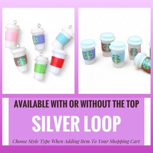 May include: Miniature coffee cup charms in various colors, including pink, blue, green, and red. Each charm features a white cup with a colored sleeve and a silver loop for attaching. The charms are designed to resemble popular coffee shop cups.