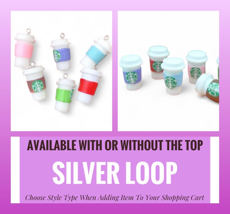 May include: Miniature coffee cup charms in various colors, including pink, blue, green, and red. Each charm features a white cup with a colored sleeve and a silver loop for attaching. The charms are designed to resemble popular coffee shop cups.