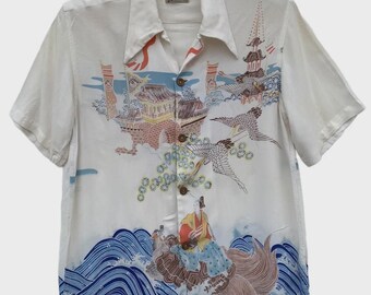 Denime Japan Hawaiihemd Urashima Taro Dragon Palace Print Seide Rayon Aloha Shirt Made in Japan Vintage Style Japanische Folklore Selten