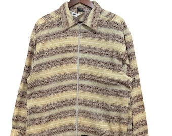 Vintage Küstenstreifen Surf-Reißverschluss-Shirt-Jacke // Retro Bouclé-Überhemd mit horizontalen Streifen // Neutrale Erdfarben Küsten-Skate-Surfwear