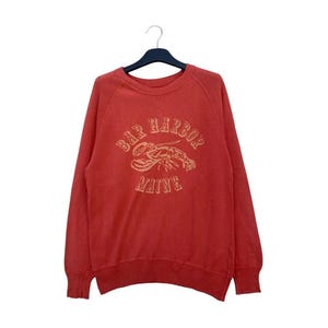 Può includere: Felpa rossa con la scritta "BAR HARBOR MAINE" e una grafica di aragosta in stile vintage sbiadito. La maglia a girocollo a maniche lunghe è appesa a una gruccia nera.