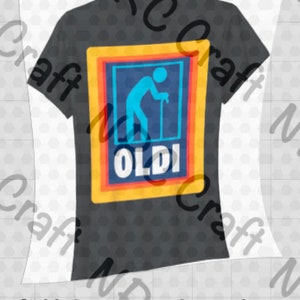 May include: A black t-shirt featuring a graphic of a stick figure walking with a cane and the word "OLD" in a yellow, orange and red frame.