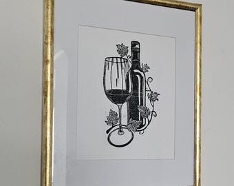 Original stylish wine glass and bottle with grape leaves Lino Relief Print 9x11