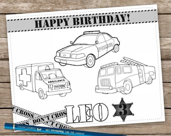 Police Oficcer Placemat Coloring Birthday Table Mat Policeman Fire Truck Party Favor Ambulance Sheet Personalized
