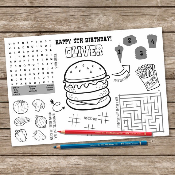 Printable Burger And Fries Placemat Kids Activity Table Mat Etsy