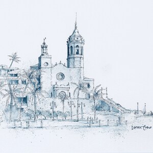 Sitges Old Town, St Bartholomew’s Church - Print of Hand drawn ink and wash picture