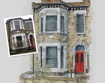 May include: Watercolor illustration of a brick house with a red door and bay windows. The house is painted in shades of gray and white. The illustration is signed by the artist and includes the text "Leathwaite Road".
