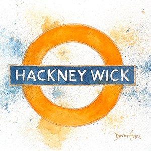May include: A watercolour painting of a London Underground station sign for Hackney Wick. The sign is a blue rectangle with white text and a yellow circle with a smaller yellow circle inside.