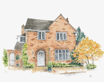 May include: A watercolor painting of a brick house with a brown roof, white door, and windows. The house is surrounded by green trees and bushes.
