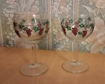 Set of two - grapes painted wine glasses