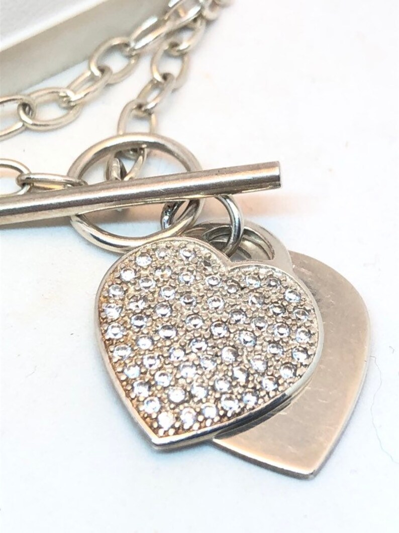 Sterling silver 16 inch T bar chain sparkling heart pendant necklace