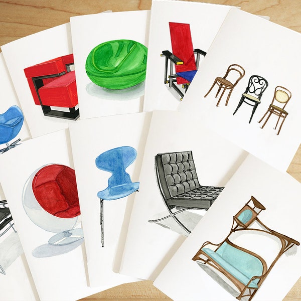 Watercolor Illustration of Famous Chairs Cards, Mid Century Chairs Cards, Furniture Cards, Iconic Cards, Chair Stationary, Famous Chair Card