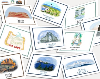 Oregon Cards Set, Portland Cards, Oregon Notecards, Iconic Oregon Card, 11 Oregon landmarks Card, Oregon Greeting Card, Oregon Illustration