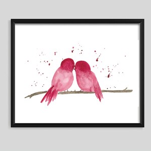 Two red watercolor birds in love. They are on a branch.
