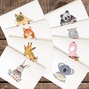 8 Custom Watercolor Animals Card Set, Watercolor Baby Animals Card, Flower Animals Card, Cute Note cards Set, Watercolor Animal, Cute Cards