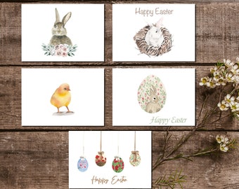 Watercolor Easter Cards Variety Set, Easter Eggs Card, Easter Bunny Card, Easter Chick Card, Happy Easter Card, Watercolor Rabbit Cards